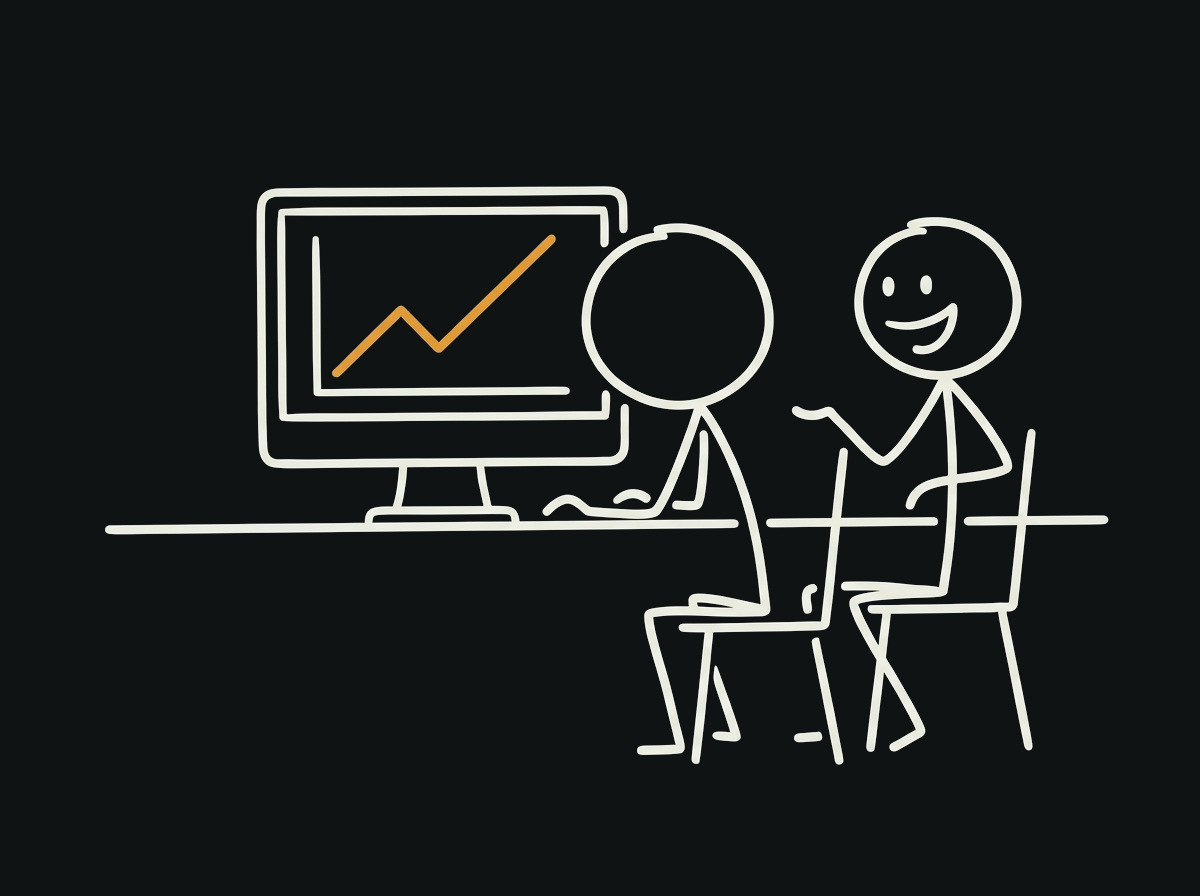 Two stick figures at a computer, delighted by a rising business growth chart